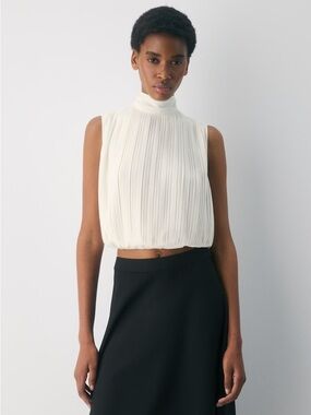 Babaton Ezra Pleated Sleeveless Mock Neck Blouse in Light Birch